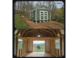 Top: A green shed with white trim sits on cinder blocks in a grassy, wooded area. Bottom: The interior of the shed is unfinished, showing exposed framing and large windows overlooking a scenic landscape.
